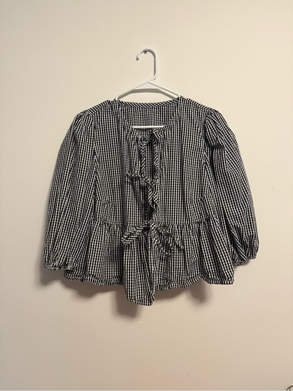 Amazon Essentials Navy/Black and White Gingham Tie-Front Peplum Blouse